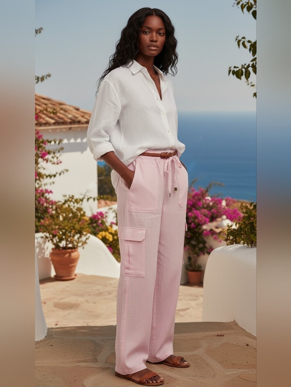 Rachel Paige Pink Wide Leg Lounge Pants Drawstring Cargo Pocket Linen Size M